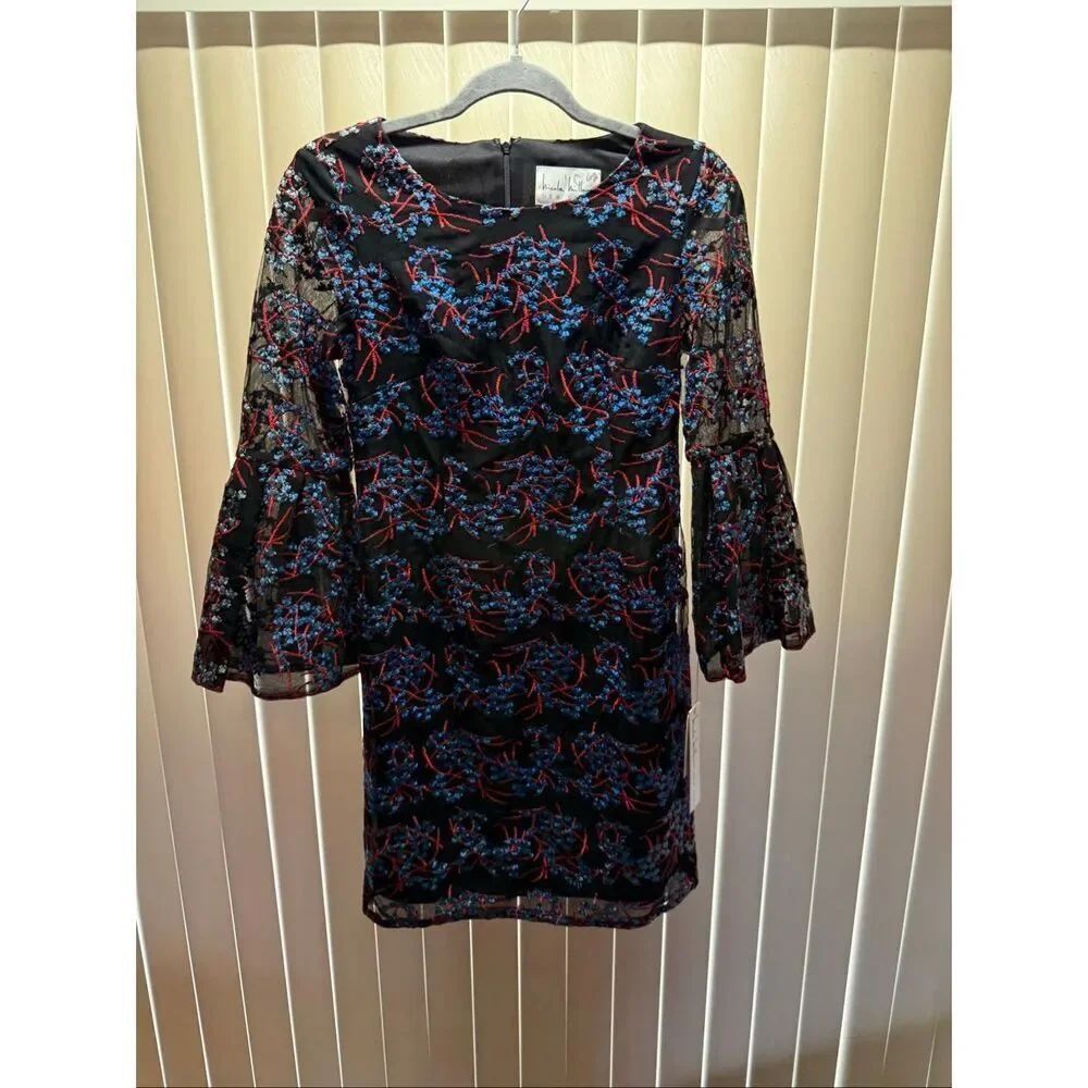 Nicole Miller Embroidered Mesh Dress Black Red Blue Sheer Bell Sleeve Cocktail S - Picture 2 of 13